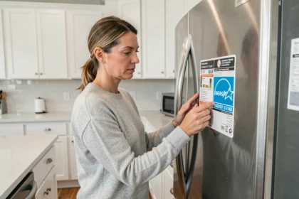 Femme examinant l'étiquette ENERGY STAR sur un réfrigérateur dans une cuisine moderne
