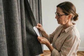 Femme examinant l'étiquette ignifuge cousue sur un rideau en tissu gris dans un salon