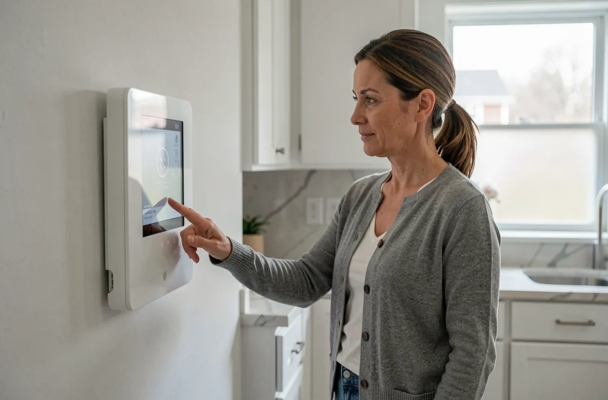Femme utilisant un panneau de contrôle d'alarme domestique dans une cuisine moderne