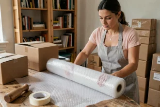 Femme déroulant du papier bulle sur une table en bois dans un bureau à domicile avec des cartons d'emballage