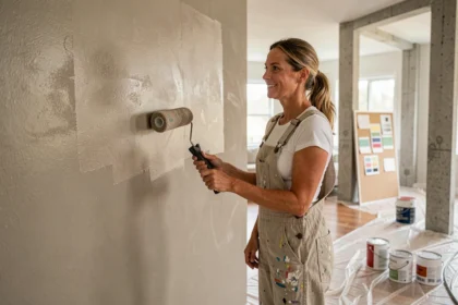 Femme appliquant une peinture mate greige sur un mur intérieur avec un rouleau, dans un appartement en rénovation moderne en 2026