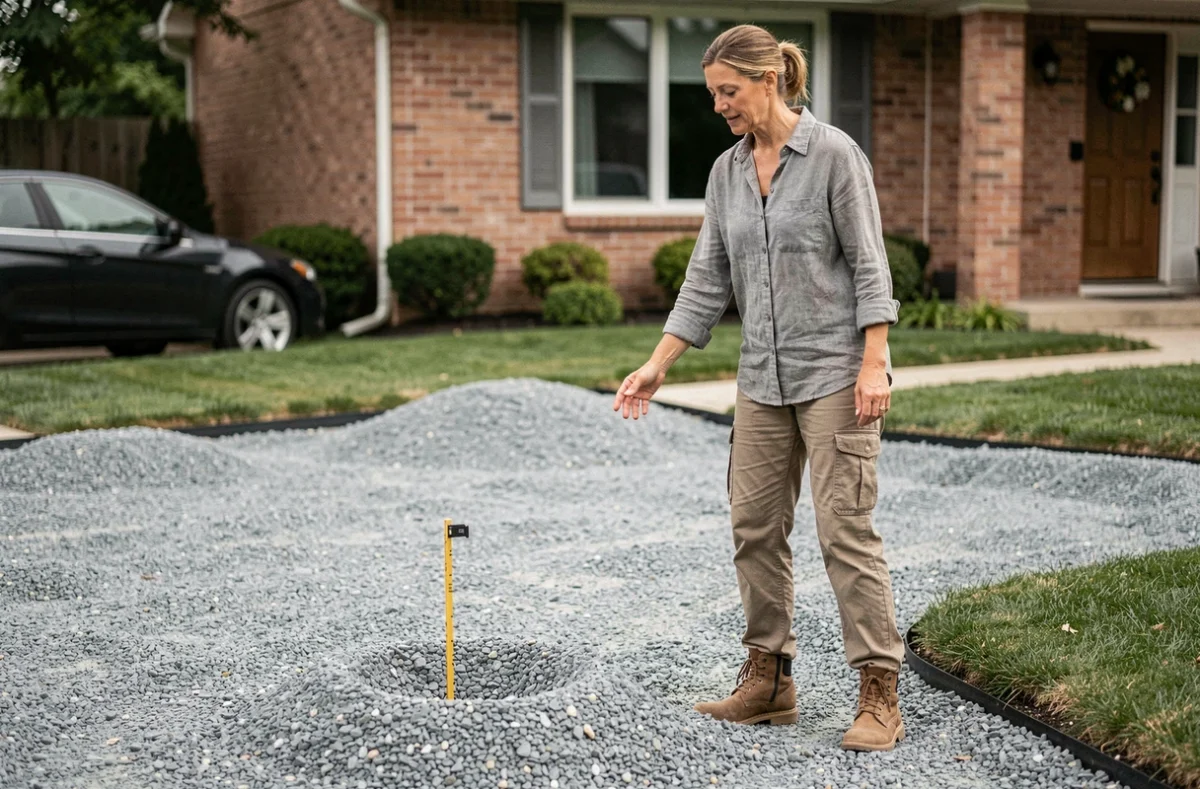 Femme supervisant la pose de gravier sur une allée de maison avec indicateur de profondeur planté dans les gravillons
