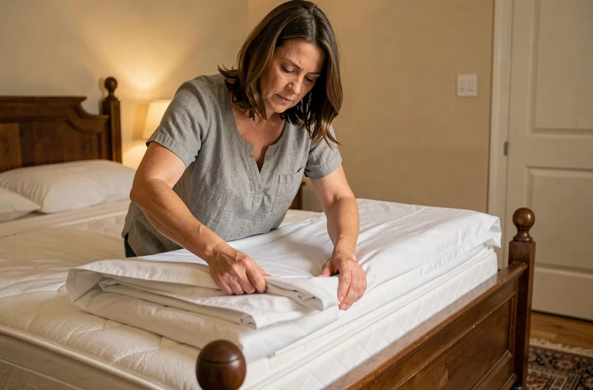 Femme qui réalise un lit en portefeuille avec des draps propres dans une chambre chaleureuse