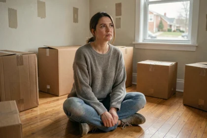 Femme assise seule sur le plancher vide de son ancien appartement entourée de cartons de déménagement, expression mélancolique