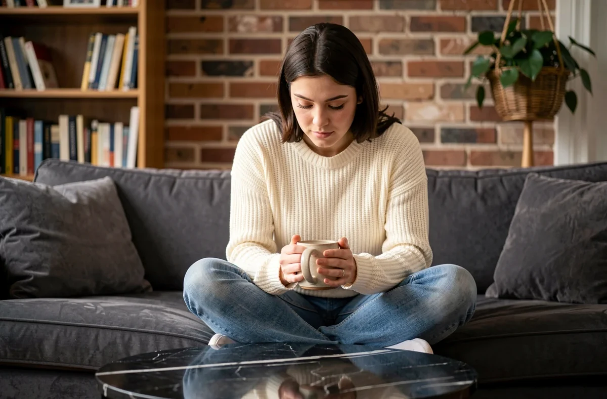 Femme assise sur un canapé utilisant une table basse en marbre noir dans un appartement cosy
