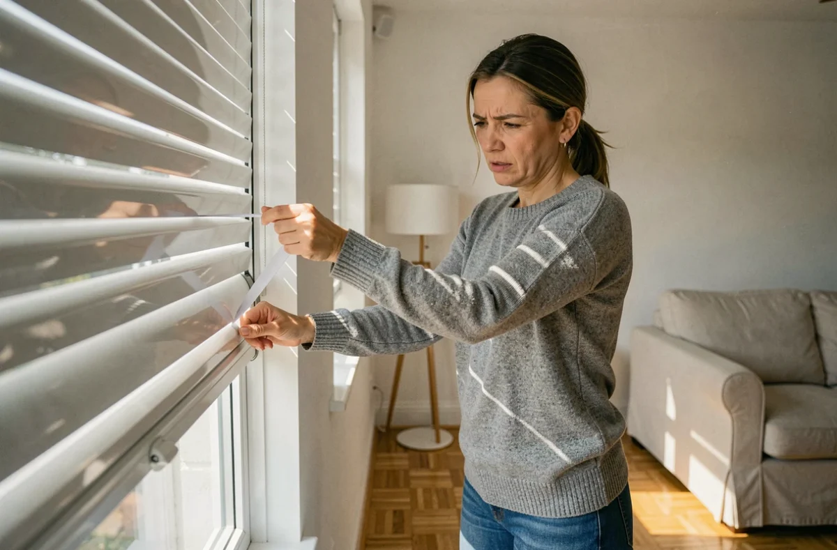 Femme tentant de manœuvrer manuellement un volet roulant défectueux depuis l'intérieur