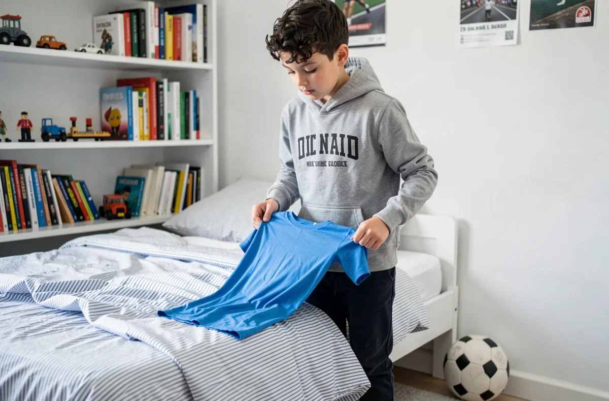 Garçon d'une dizaine d'années pliant ses vêtements et rangeant sa chambre