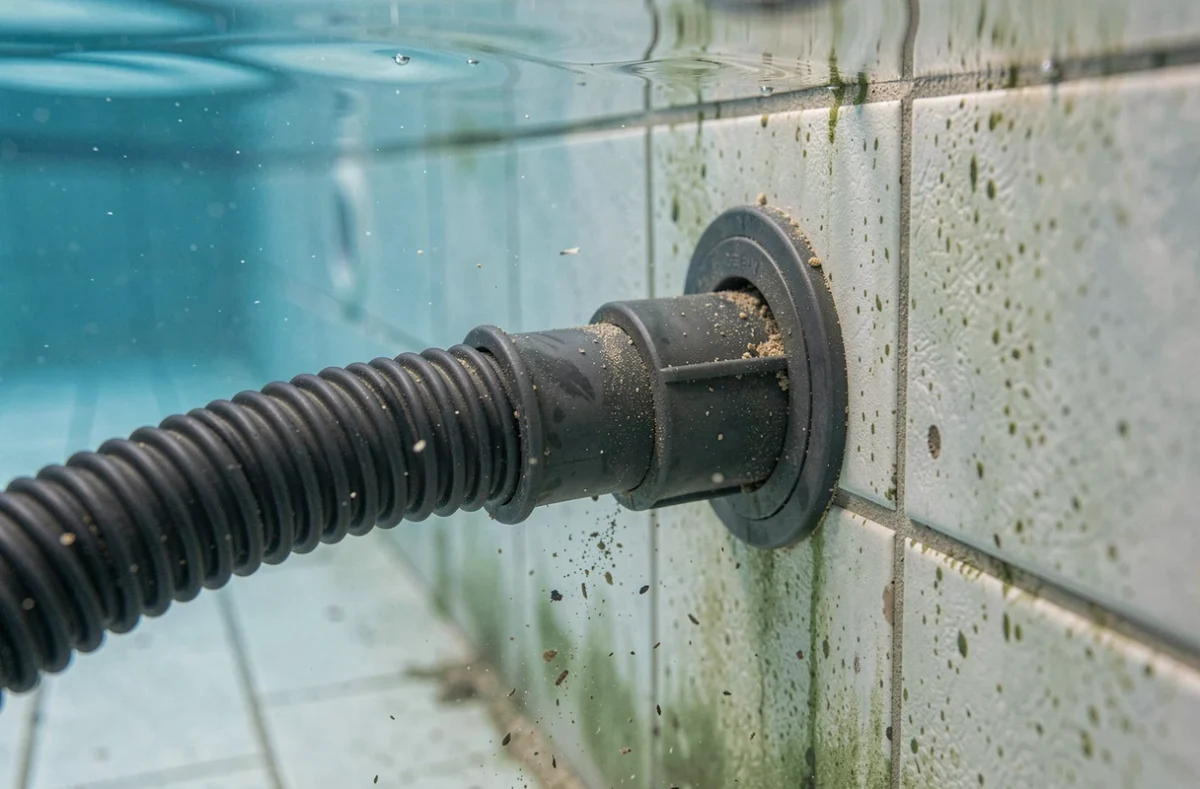 Gros plan sur le raccord d'un tuyau d'aspiration branché directement sur la prise balai d'une piscine enterrée pour évacuer les impuretés sans filtration