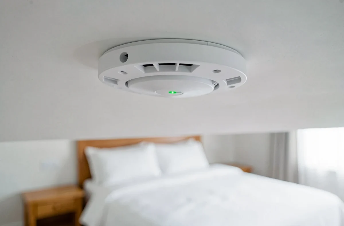 Gros plan d'un détecteur de fumée bien positionné au plafond d'une chambre à coucher résidentielle