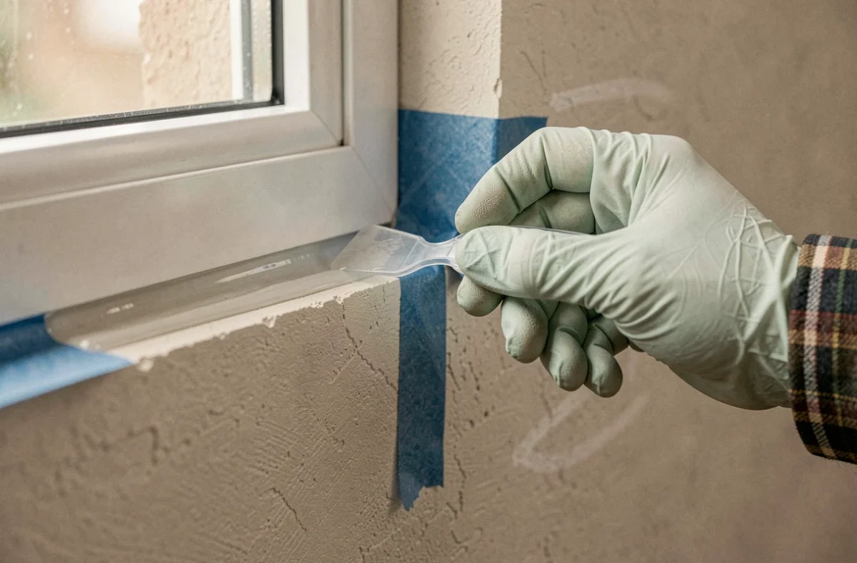 Gros plan sur un joint de fenêtre lissé avec une spatule et du mastic transparent, avec du ruban de masquage bleu