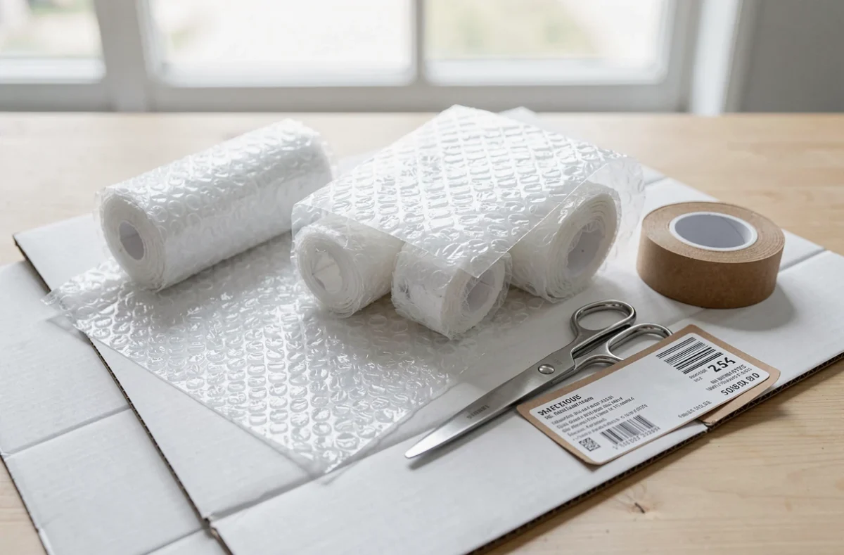 Gros plan sur des feuilles et rouleaux de papier bulle avec accessoires d'emballage sur une surface en carton blanc