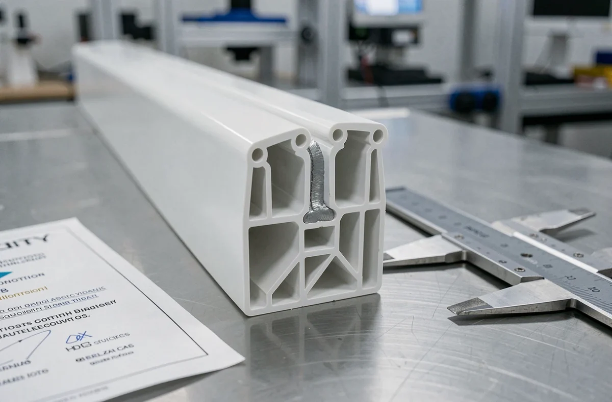 Gros plan sur un angle soudé de profil PVC haute qualité en laboratoire de contrôle qualité