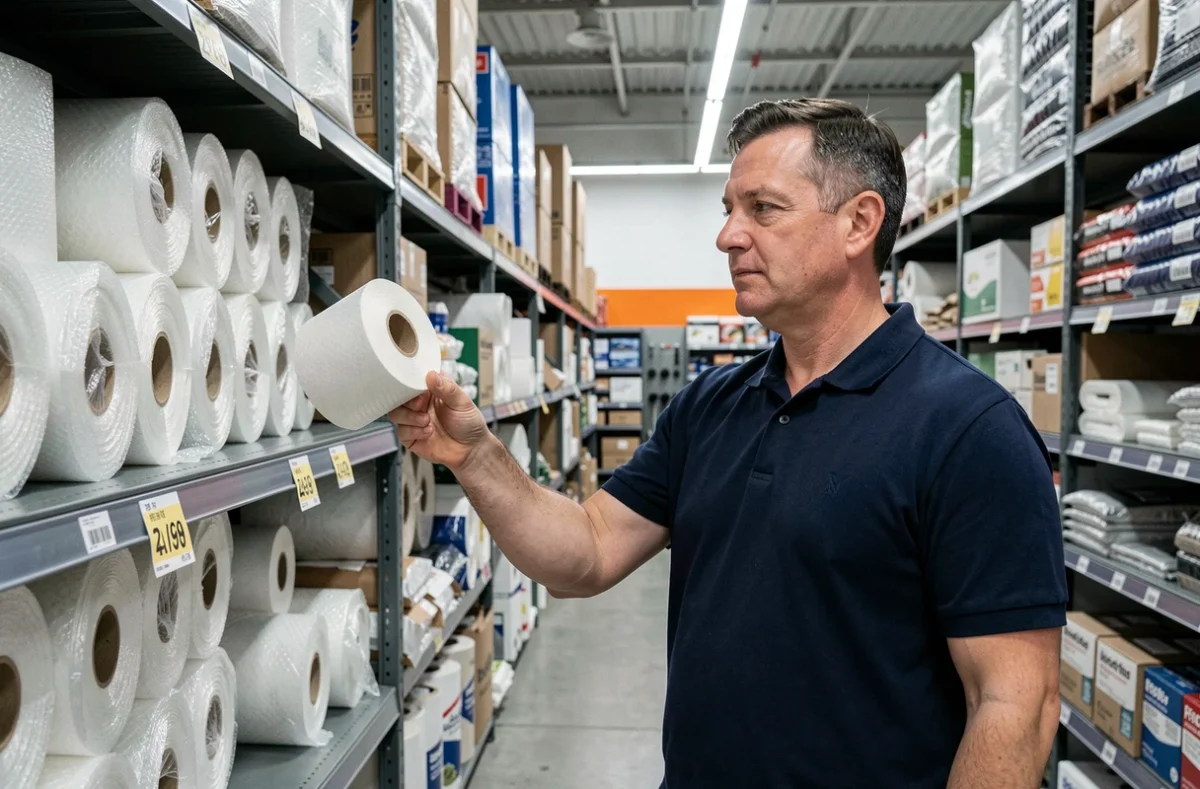 Homme inspectant des rouleaux de papier bulle dans le rayon emballage d'un magasin de fournitures