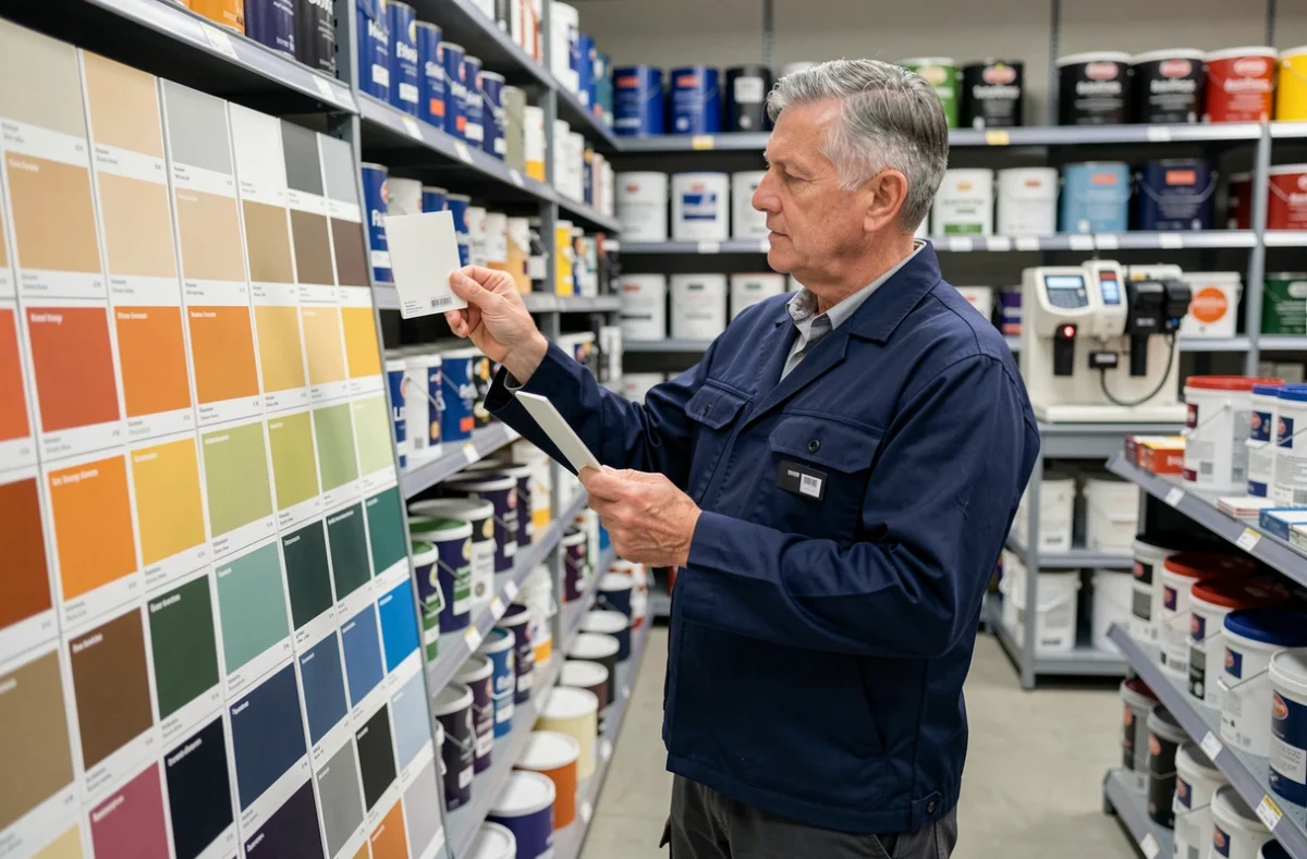 Homme comparant des échantillons de couleurs de peinture dans un magasin de bricolage pour choisir la meilleure peinture en 2026