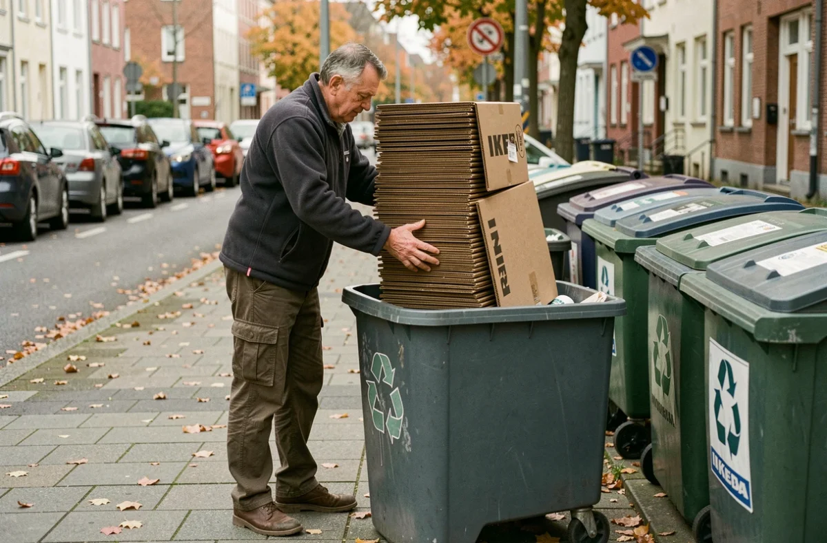 Homme déposant des cartons IKEA aplatis dans un conteneur de recyclage en papier en extérieur