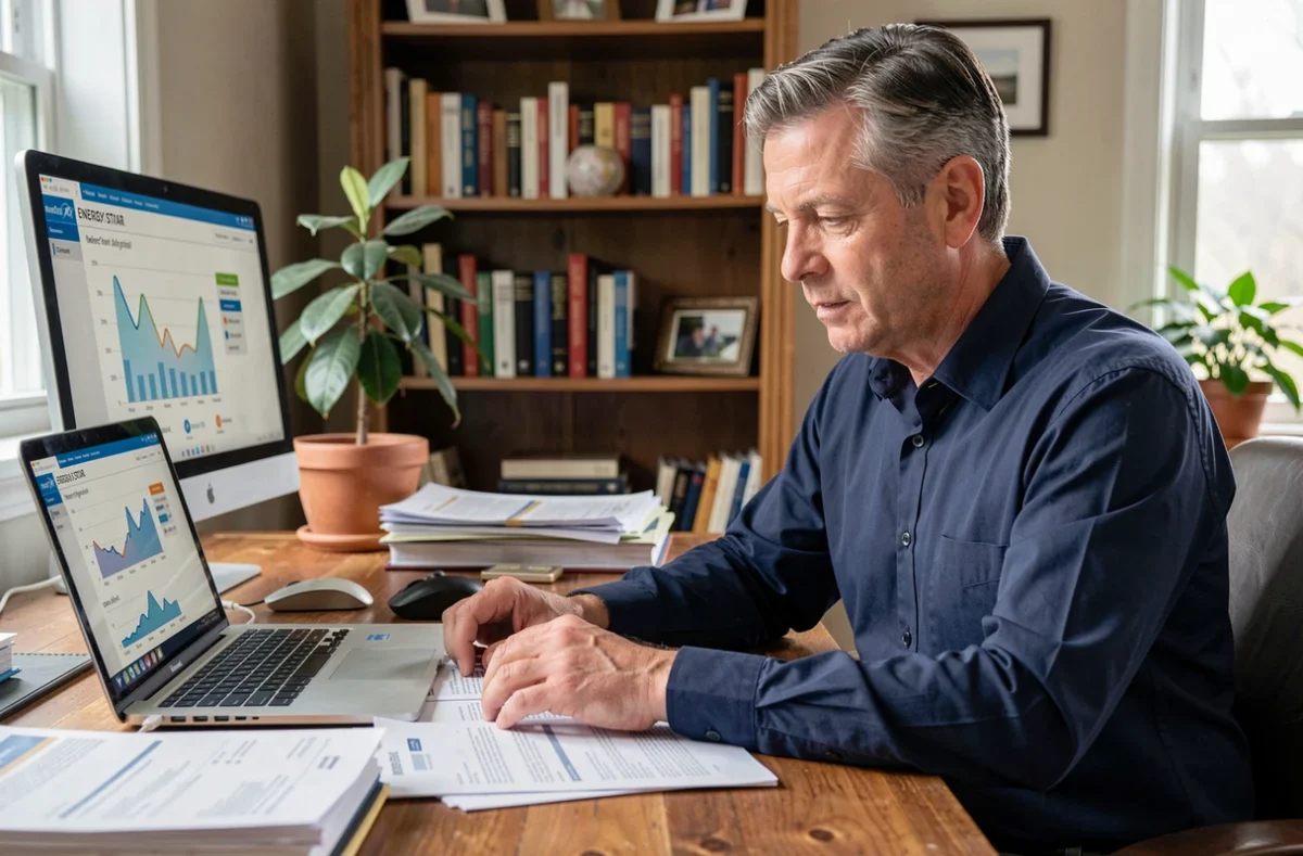 Homme consultant des factures d'énergie devant un moniteur certifié ENERGY STAR dans un bureau à domicile