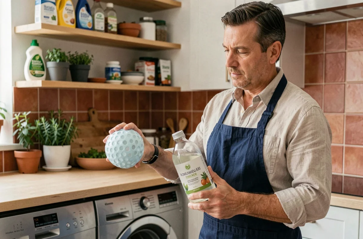 Homme tenant une balle de lavage et une bouteille de lessive maison devant un lave-linge encastré dans une cuisine moderne