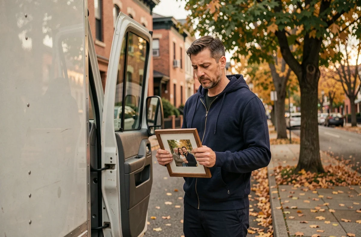 Homme tenant une photo de famille devant un camion de déménagement dans une rue résidentielle en automne, regard nostalgique