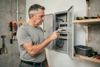 Homme inspectant un tableau électrique avec des disjoncteurs dans une buanderie domestique