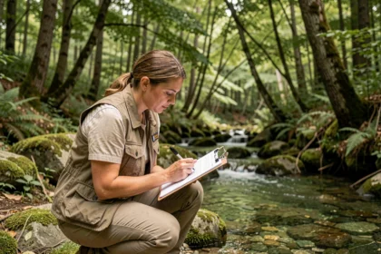 Scientifique environnementale évaluant l'impact écologique d'objets sur un cours d'eau en forêt