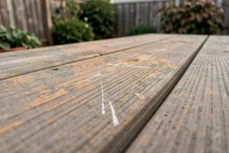 Gros plan sur une terrasse en composite vieillie montrant des rayures, une décoloration et une usure de surface après plusieurs années d'utilisation