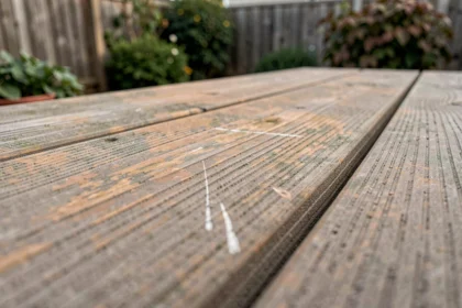 Gros plan sur une terrasse en composite vieillie montrant des rayures, une décoloration et une usure de surface après plusieurs années d'utilisation