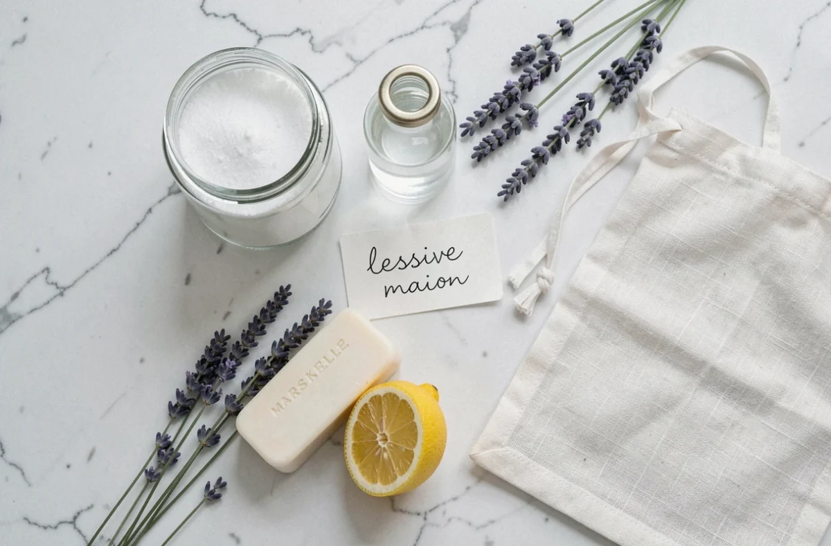 Ingrédients naturels pour remplacer la lessive : bicarbonate, savon de Marseille, vinaigre blanc et citron disposés sur marbre blanc