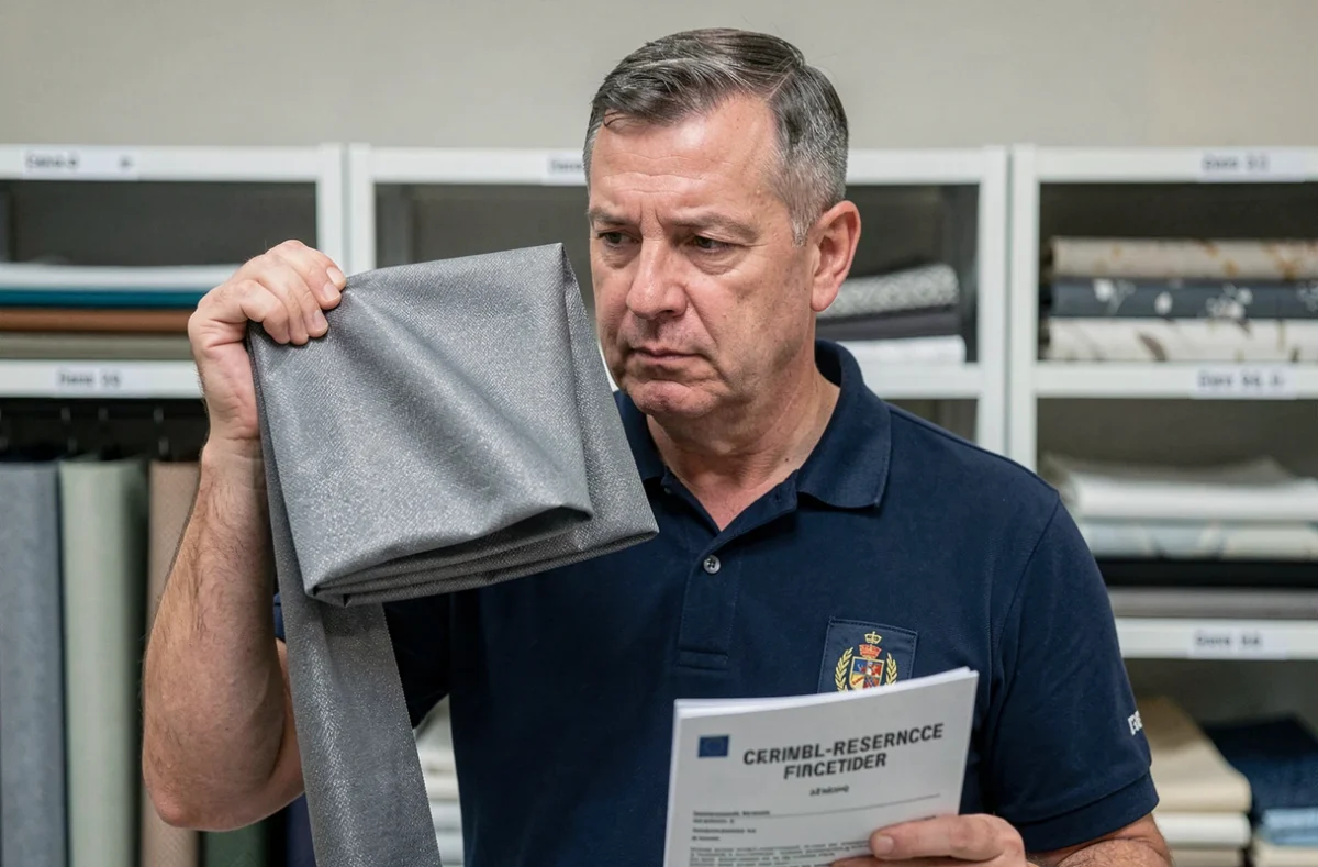 Inspecteur en sécurité incendie vérifiant la certification ignifuge d'un échantillon de rideau en laboratoire