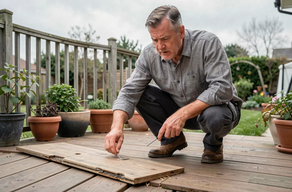 Homme inspectant une lame de terrasse en composite déformée et soulevée, illustrant les problèmes de dilatation et de déformation du matériau