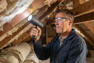 Inspecteur de toiture examinant l'isolation thermique dans un grenier avec une caméra infrarouge