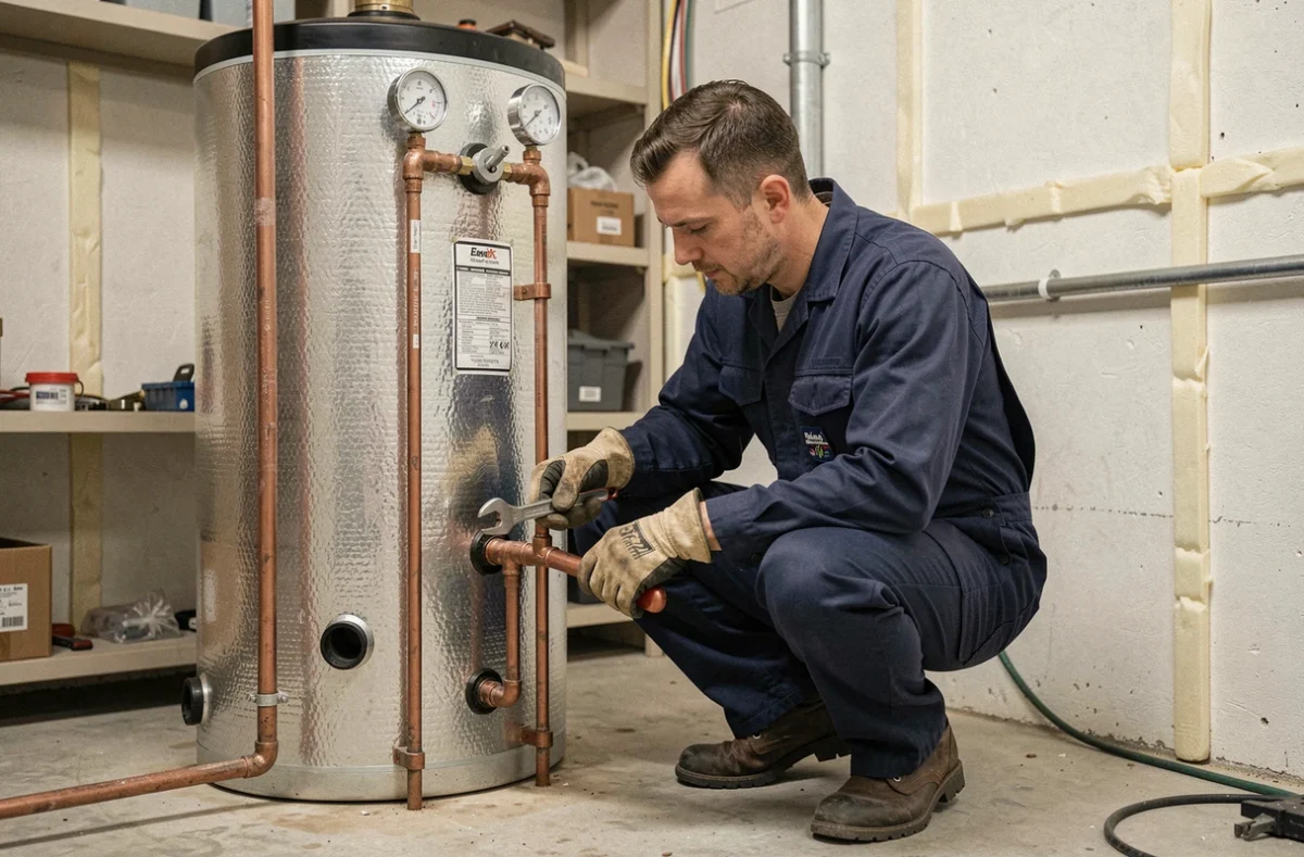 Technicien installant un ballon de stockage pour un chauffe-eau solaire dans une chaufferie