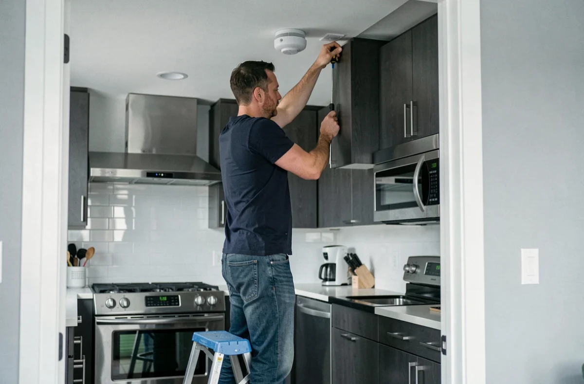 Homme installant un détecteur de fumée au plafond à proximité d'une cuisine selon les recommandations de sécurité