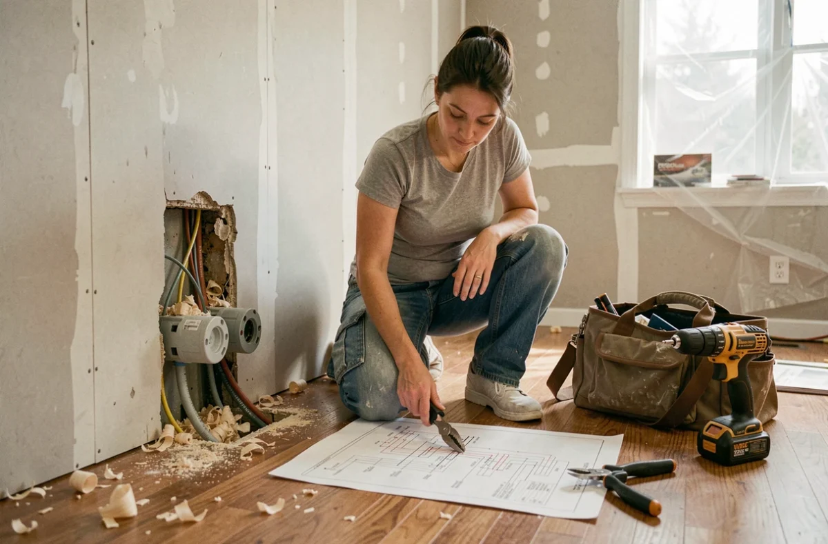 Femme réalisant elle-même son installation électrique dans une pièce en rénovation, consultant un schéma de câblage posé au sol