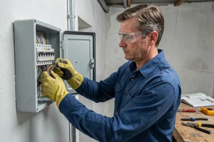 Électricien amateur en train de raccorder des fils électriques dans un tableau de distribution résidentiel, équipé de gants isolants et lunettes de sécurité