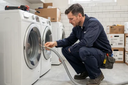 Technicien installant une laveuse dans une buanderie en connectant le tuyau d'alimentation en eau