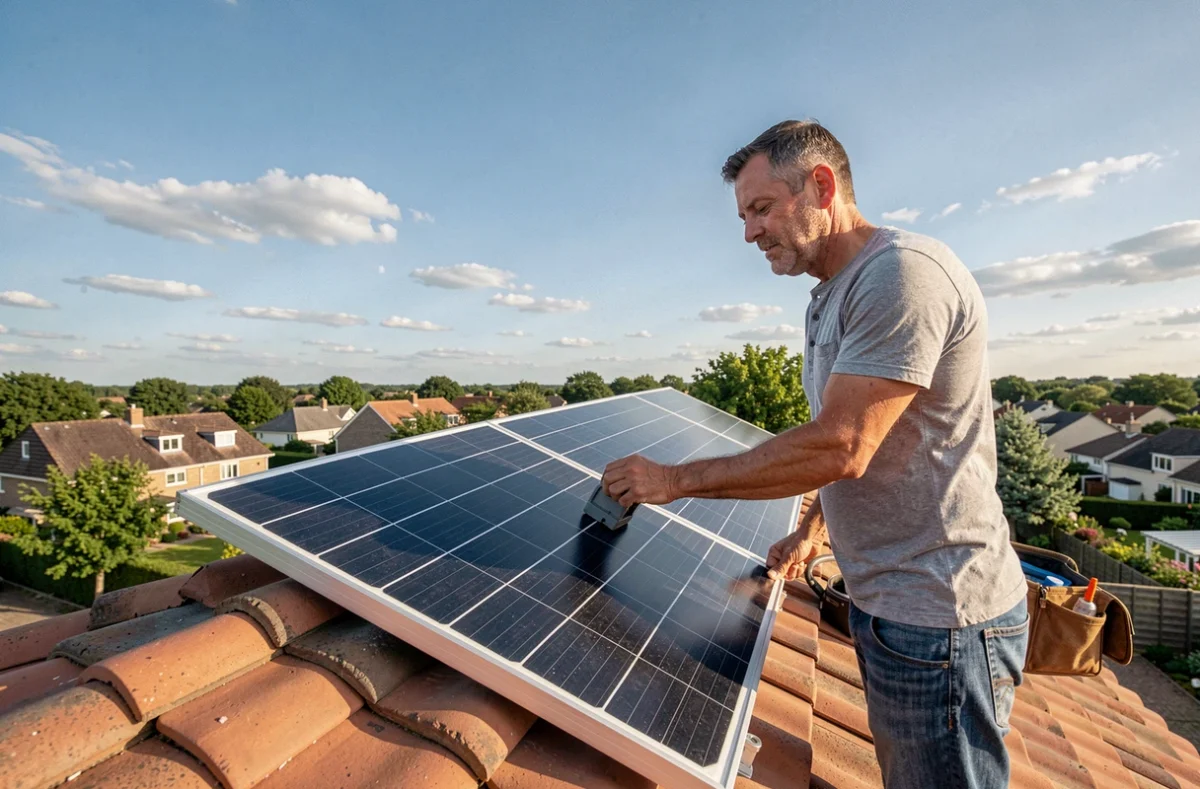 Homme installant un panneau solaire sur le toit d'une maison résidentielle avec vue sur un quartier arboré et un ciel dégagé
