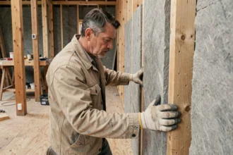 Ouvrier du bâtiment posant des panneaux de laine minérale dans une cloison en bois lors de travaux d'isolation intérieure
