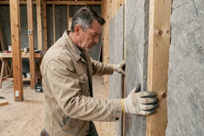Ouvrier du bâtiment posant des panneaux de laine minérale dans une cloison en bois lors de travaux d'isolation intérieure