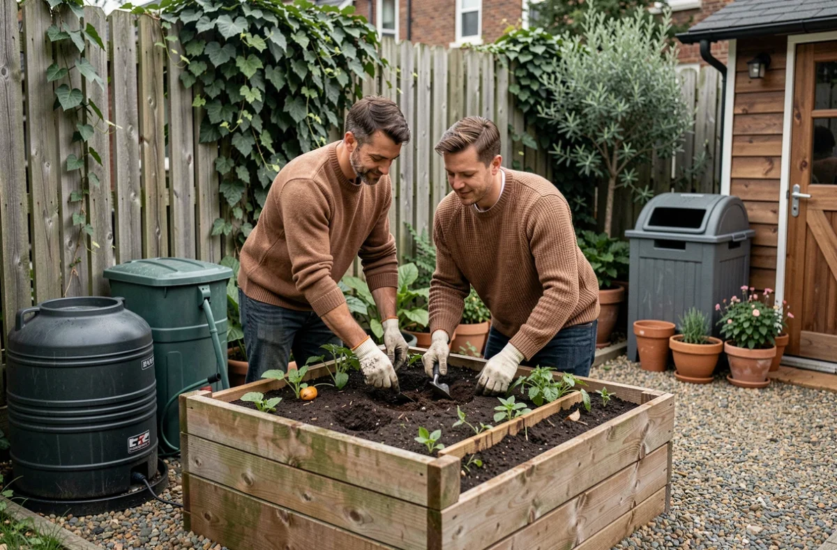 Couple entretenant un potager surélevé dans un jardin urbain écologique avec un bac de compost et un récupérateur d'eau de pluie