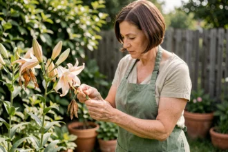 Femme jardinière qui retire les fleurs de lys fanées pour favoriser une nouvelle floraison
