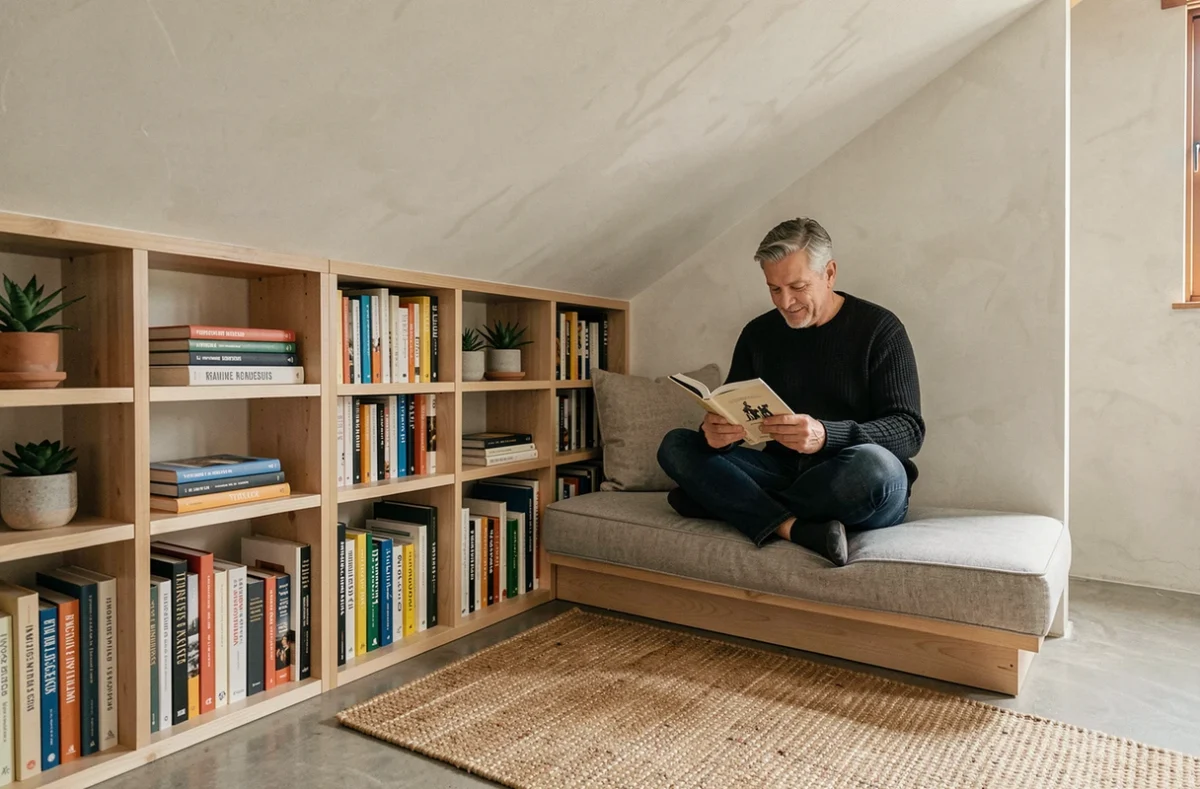 Coin lecture aménagé sous toit bas dans un loft avec bibliothèque intégrée suivant la pente du plafond