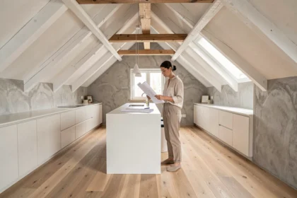 Femme dans un loft avec toit bas et plafond incliné aménagé avec des rangements intégrés et une cuisine minimaliste
