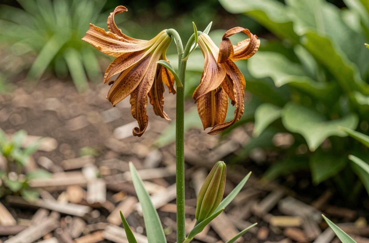 Gros plan sur des fleurs de lys fanées avec un bourgeon naissant sur la tige verte