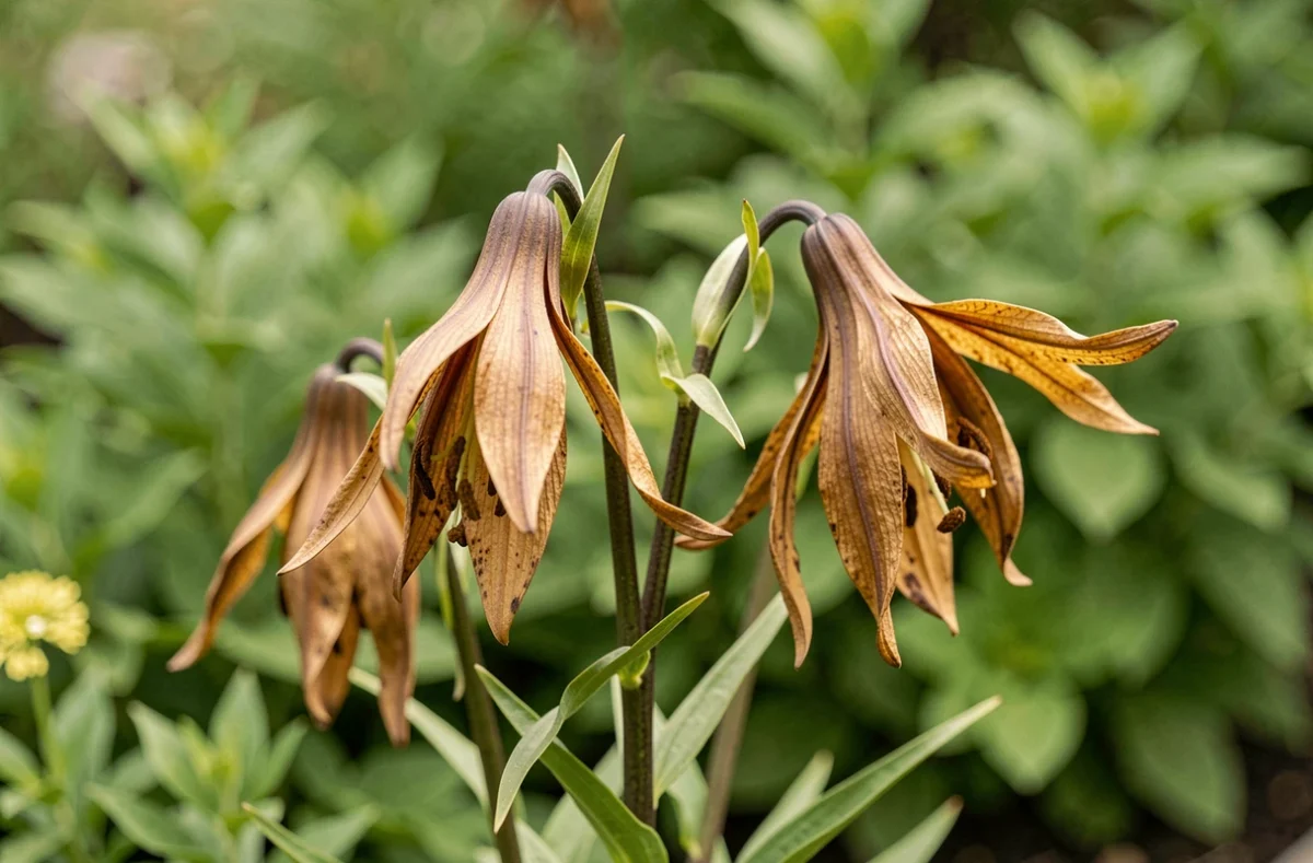 Fleurs de lys orientaux fanées et sèches sur leurs tiges à la fin de la floraison estivale