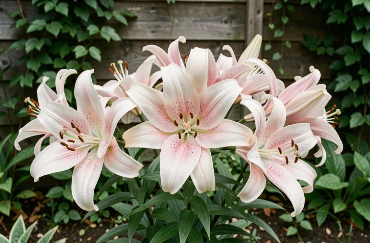 Lys orientaux blancs et roses en pleine floraison dans un jardin