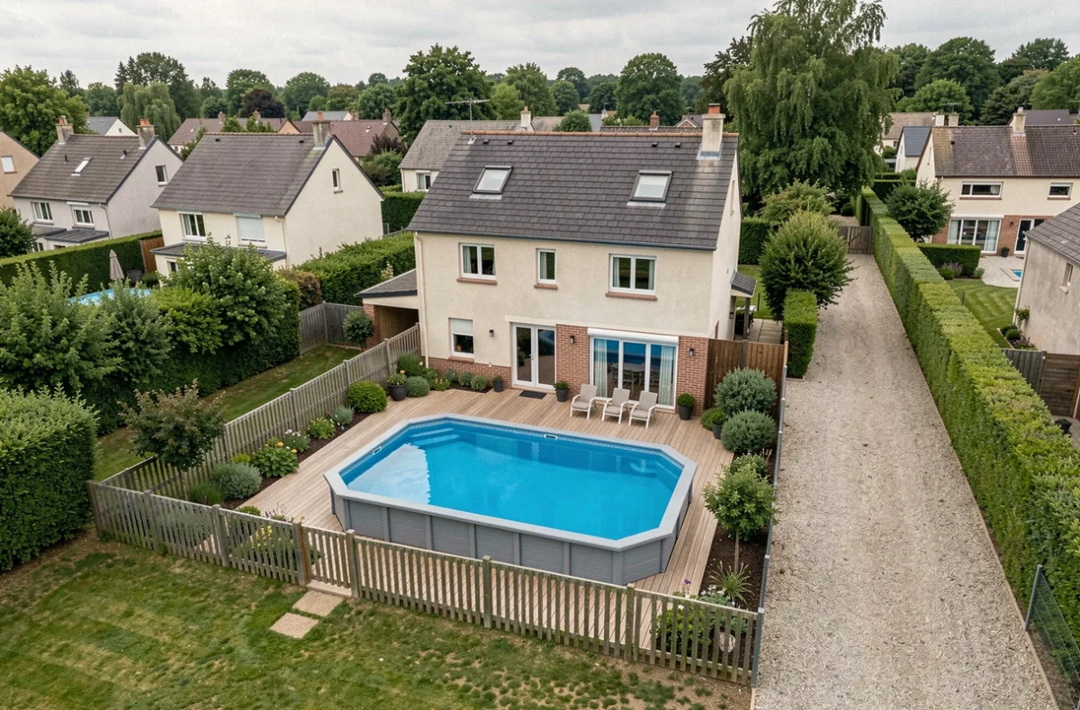 Vue aérienne d'une maison individuelle française avec piscine hors-sol dans le jardin illustrant l'évaluation fiscale immobilière