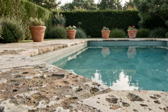 Margelle en pierre naturelle installée autour d'une piscine rectangulaire extérieure avec jardin verdoyant en arrière-plan
