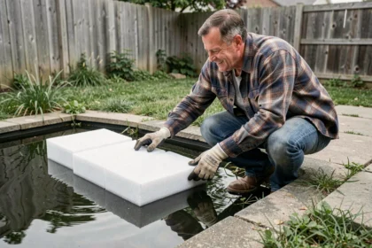 Homme plaçant un bloc de polystyrène expansé sur l'eau dans un jardin, illustrant le matériau flottant le moins cher