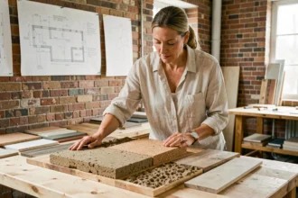 Architecte examinant des échantillons de matériaux bioclimatiques comme la terre crue, le liège et le bois recyclé dans un atelier professionnel