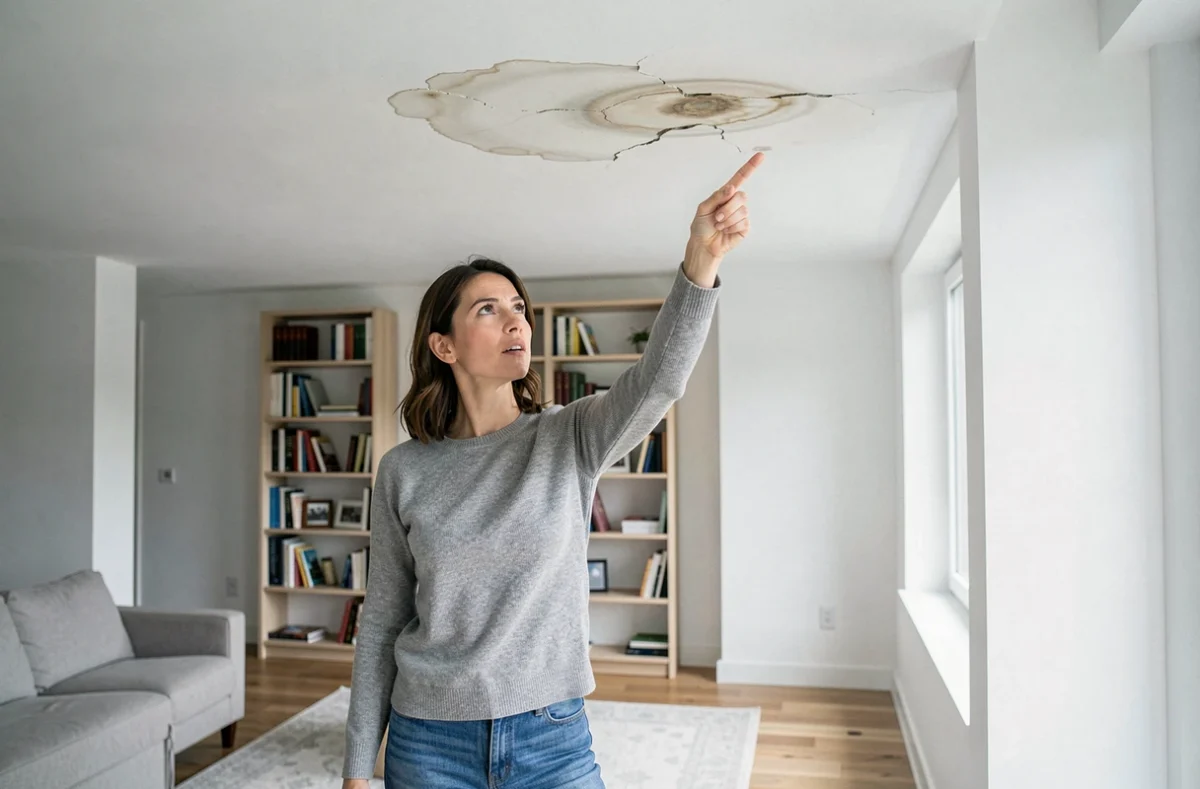 Femme observant une tache d'humidité au plafond révélant une mauvaise isolation de toiture